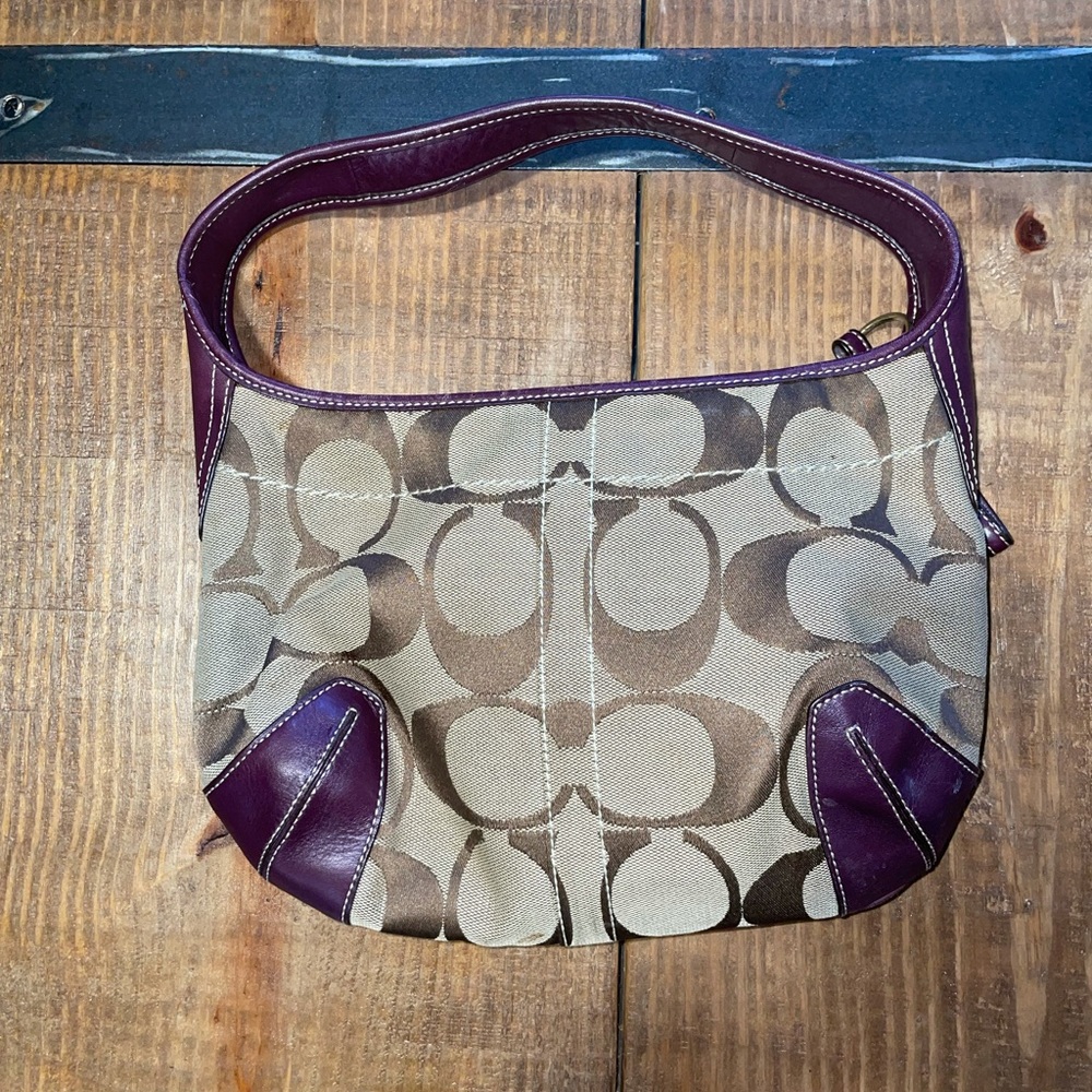 Coach Burgundy Leather & Tan Canvas Shoulder Bag